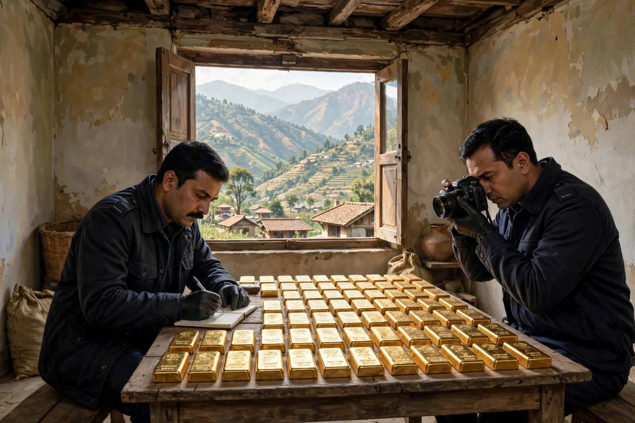 Editorial illustration: police investigators examining rows of seized gold bars laid out on a table inside a house in Kathmandu, hills visible through the window