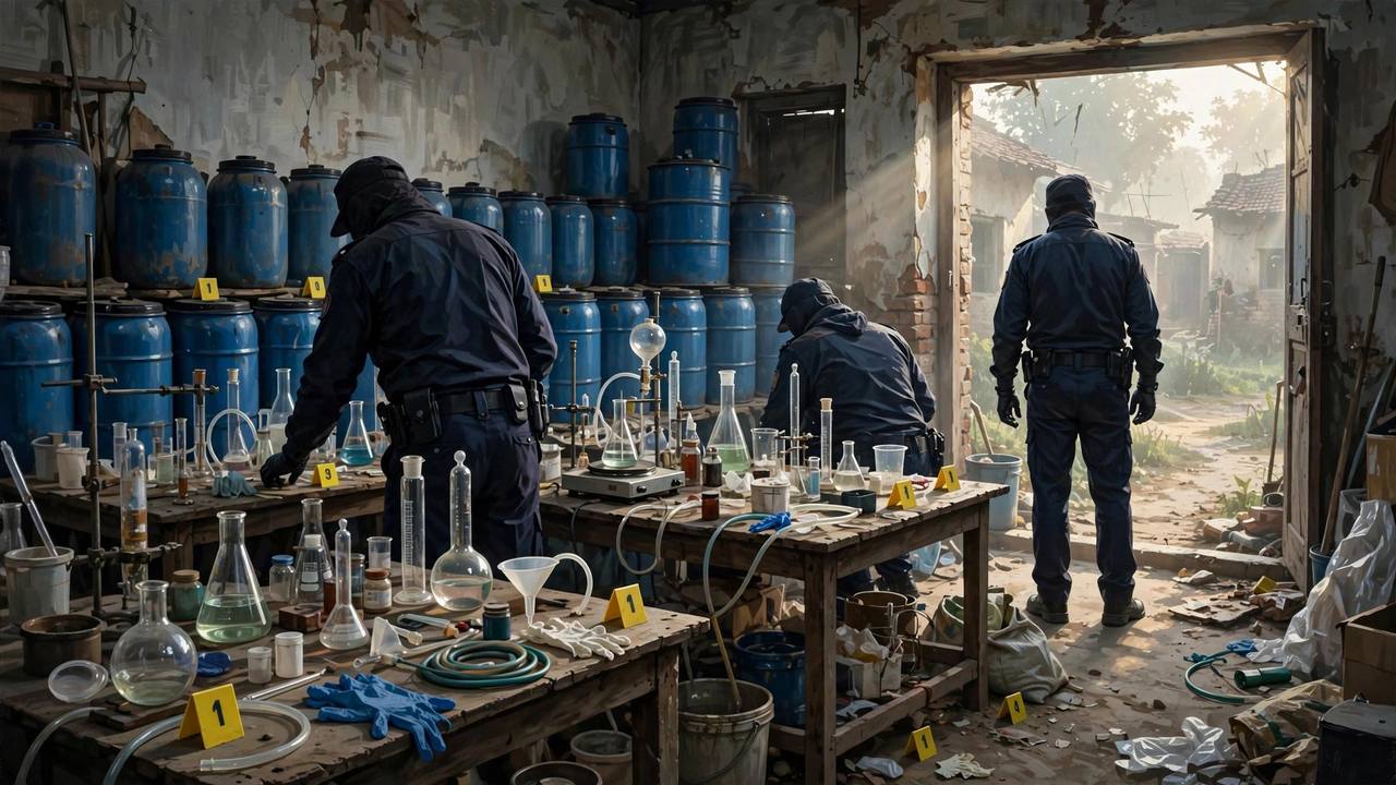 Editorial illustration: narcotics officers inspecting a clandestine drug laboratory with seized chemical drums and lab equipment