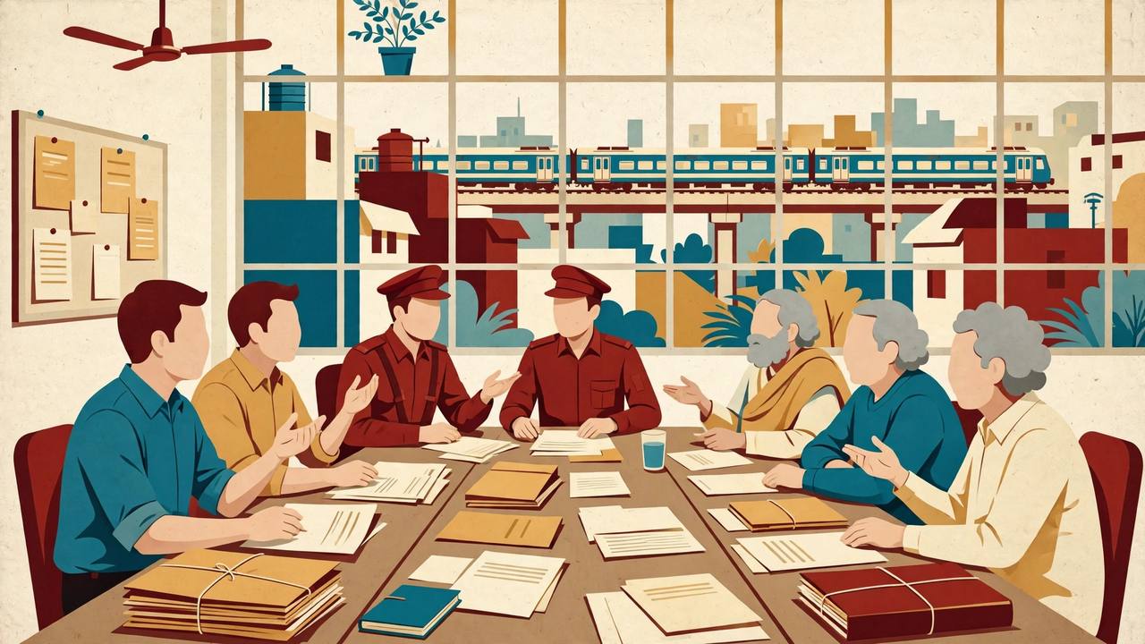 Editorial illustration: a pay commission consultation meeting in Mumbai — generic government employees, railway workers in uniform and pensioners seated around a table covered with files, with a Mumbai local train passing outside the window