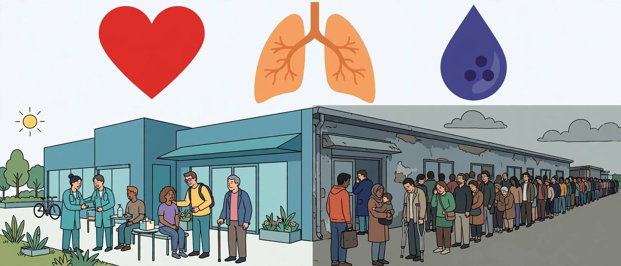 Editorial illustration: two contrasting clinics — a modern health centre with doctors attending a few patients, and a run-down clinic with a long queue — beneath heart, lungs and blood-drop symbols