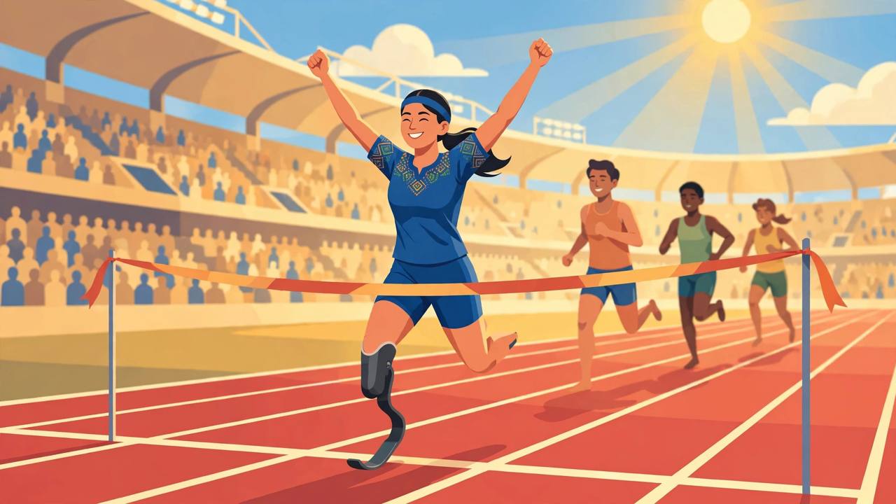 Editorial illustration: an Indian para sprinter in a blue kit crossing the finish line with her arms raised in a stadium, other runners behind her