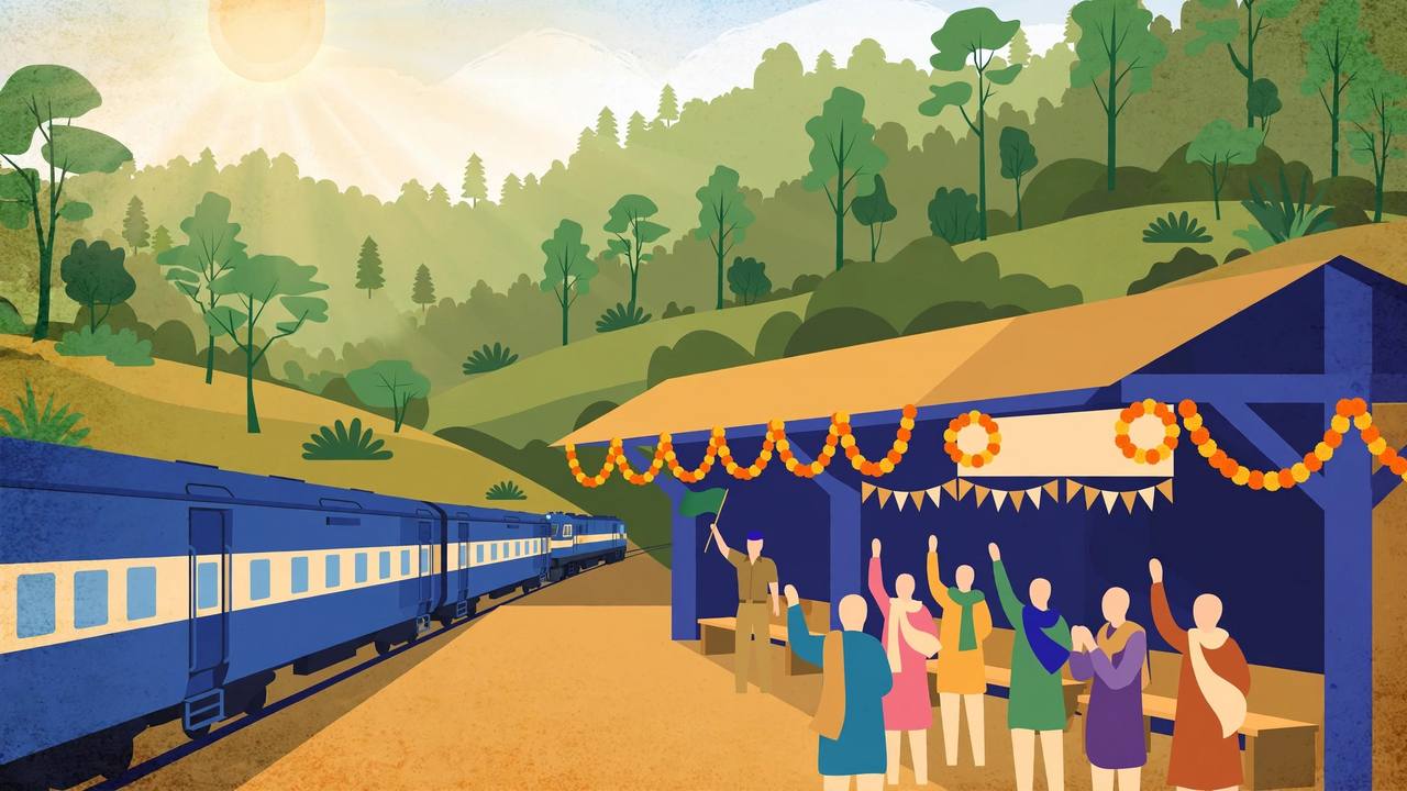 Editorial illustration: a passenger train arriving at a small new station in the forested hills of Chhattisgarh as villagers wave from the platform