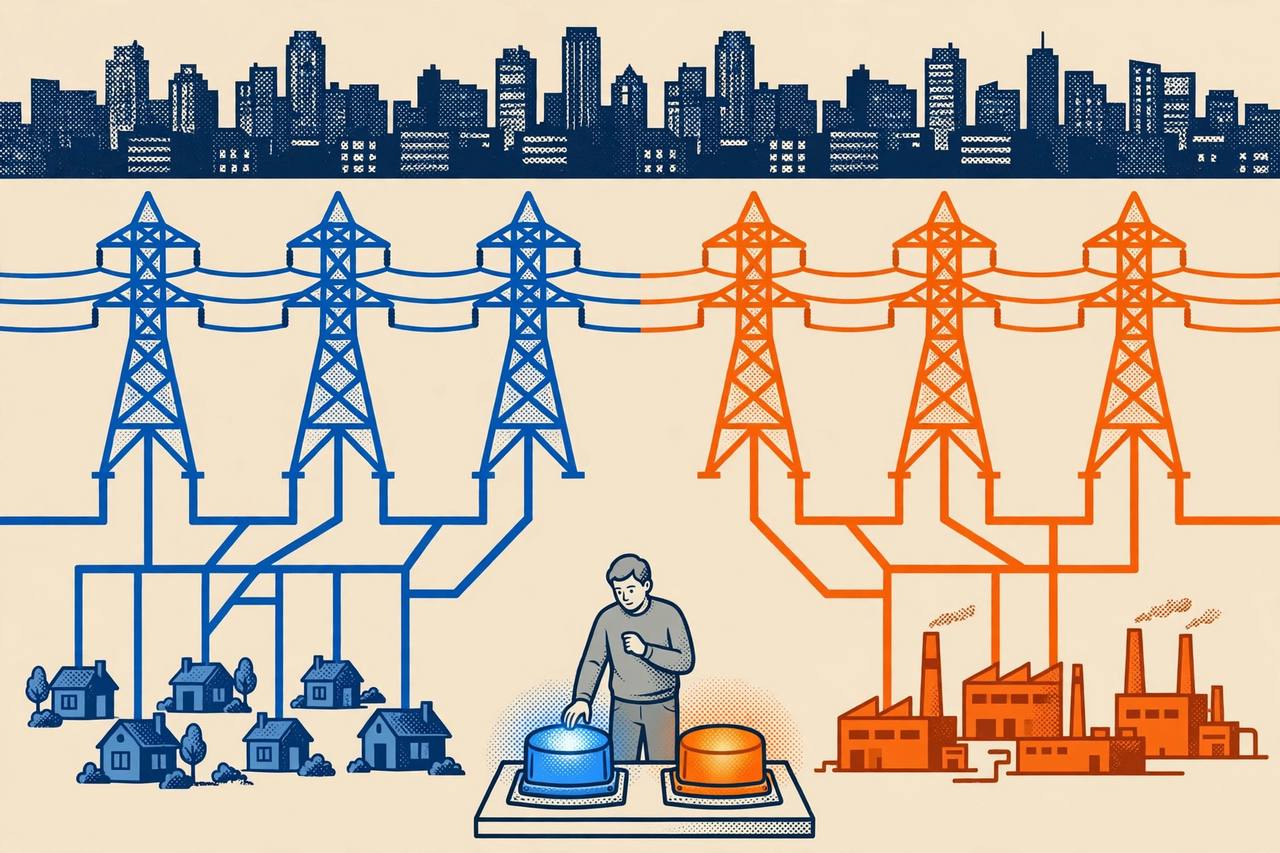 Editorial illustration: two parallel electricity networks of pylons in blue and orange running beneath a city skyline, one supplying houses and the other factories, with a consumer choosing between two buttons