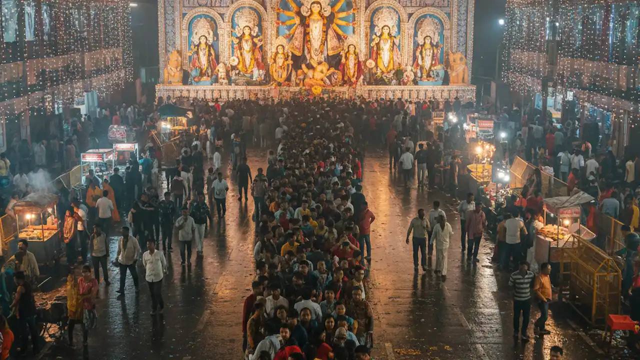Crowds gathered at a Durga Puja pandal in Kolkata at night (file photo)
