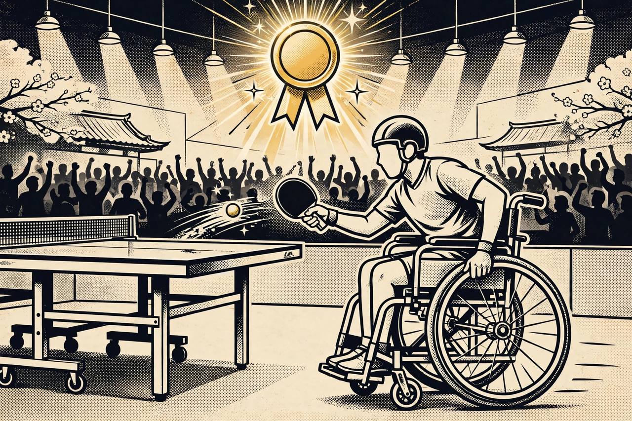 Editorial illustration: a para table-tennis player in a wheelchair striking the ball at a table under arena spotlights, a glowing gold medal above a cheering crowd