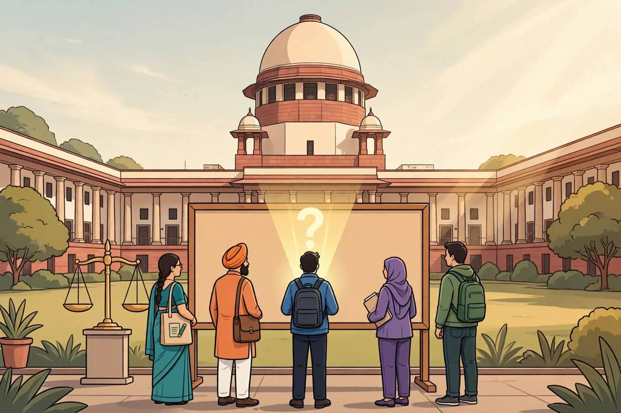 Editorial illustration: Supreme Court building with generic teacher applicants before a blank recruitment notice board and scales of justice