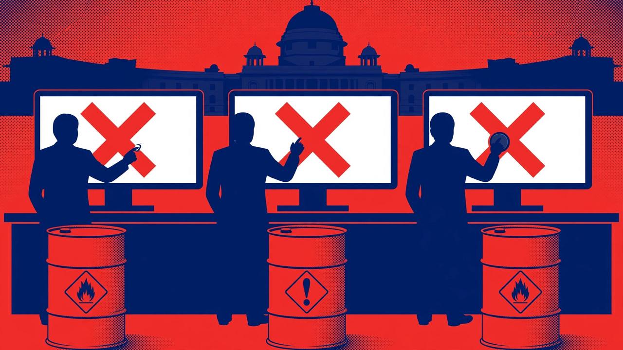 Editorial illustration: consumer-protection officials shutting down online marketplace listings on large computer screens marked with big red X signs, hazardous chemical barrels with hazard pictograms in the foreground and a New Delhi government building silhouette behind
