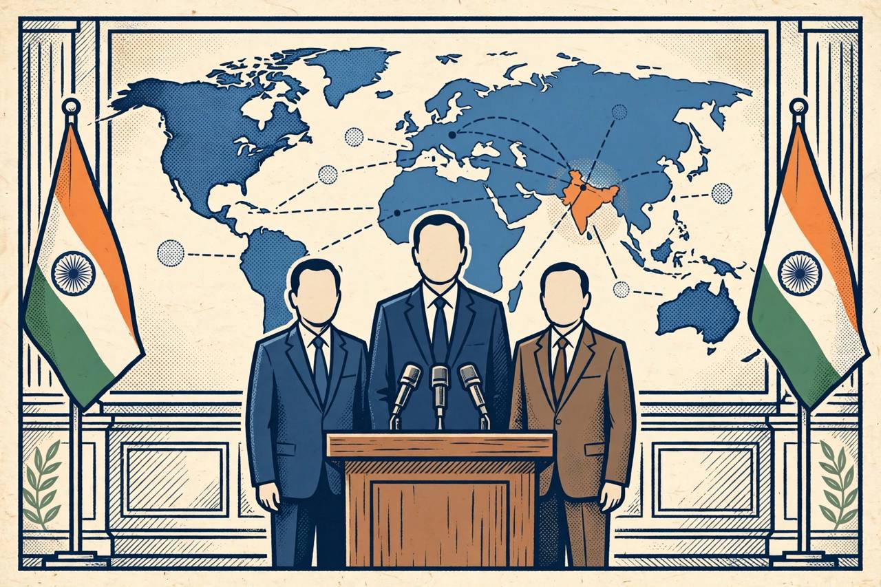 Editorial illustration: three generic Indian officials at a press briefing podium in New Delhi, flanked by Indian flags, with a world map behind them highlighting India