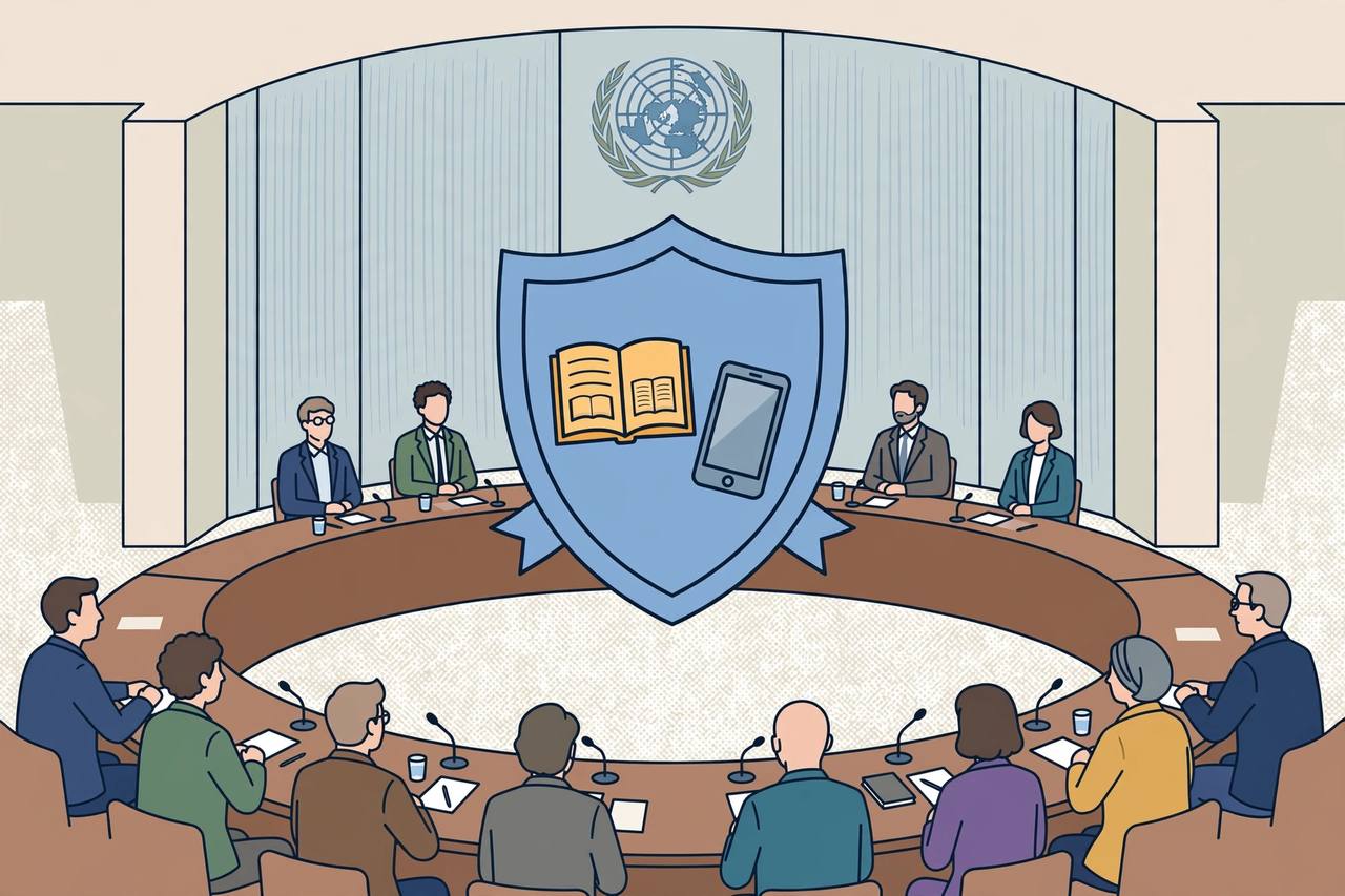 Editorial illustration: delegates seated around the UN Security Council table beneath the UN emblem, with a large shield bearing an open book and a smartphone