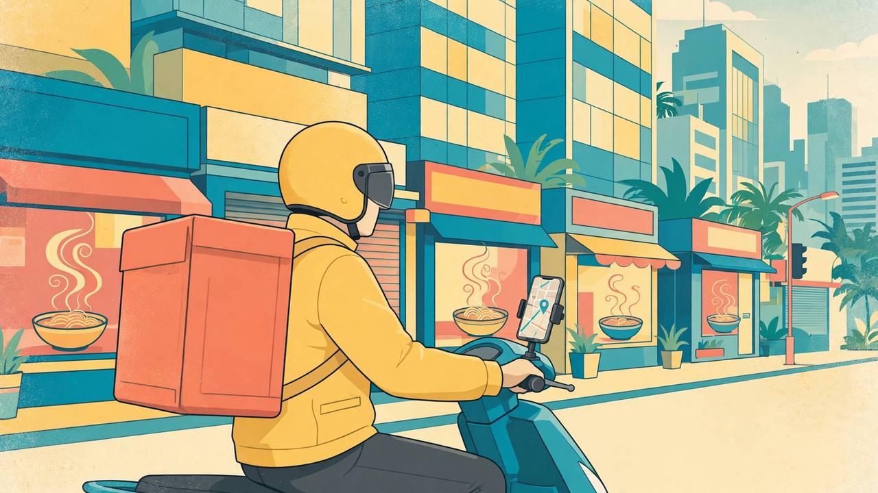 Editorial illustration: a food-delivery rider with a large backpack riding a scooter past restaurant storefronts in Bengaluru