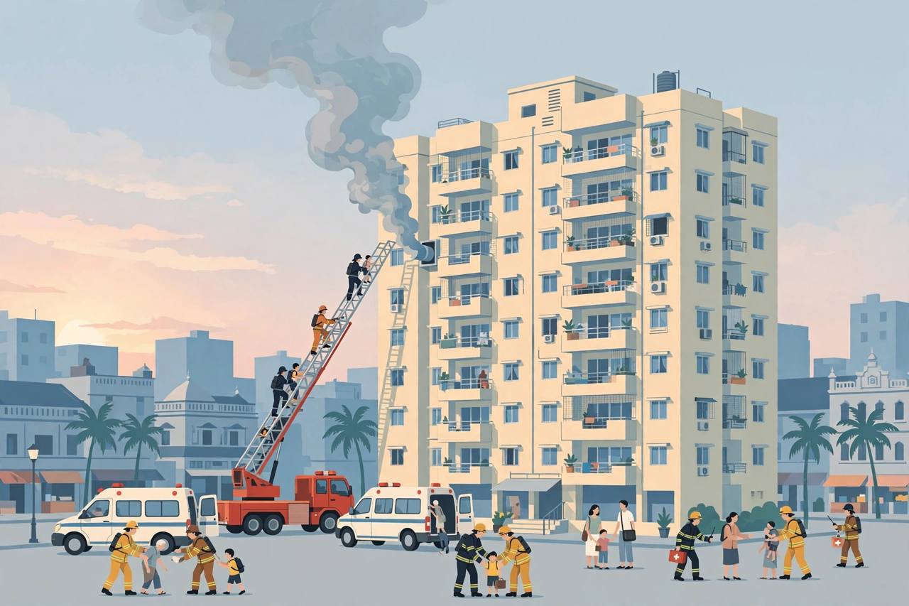 Editorial illustration: firefighters rescuing residents from a smoking 13-storey residential building