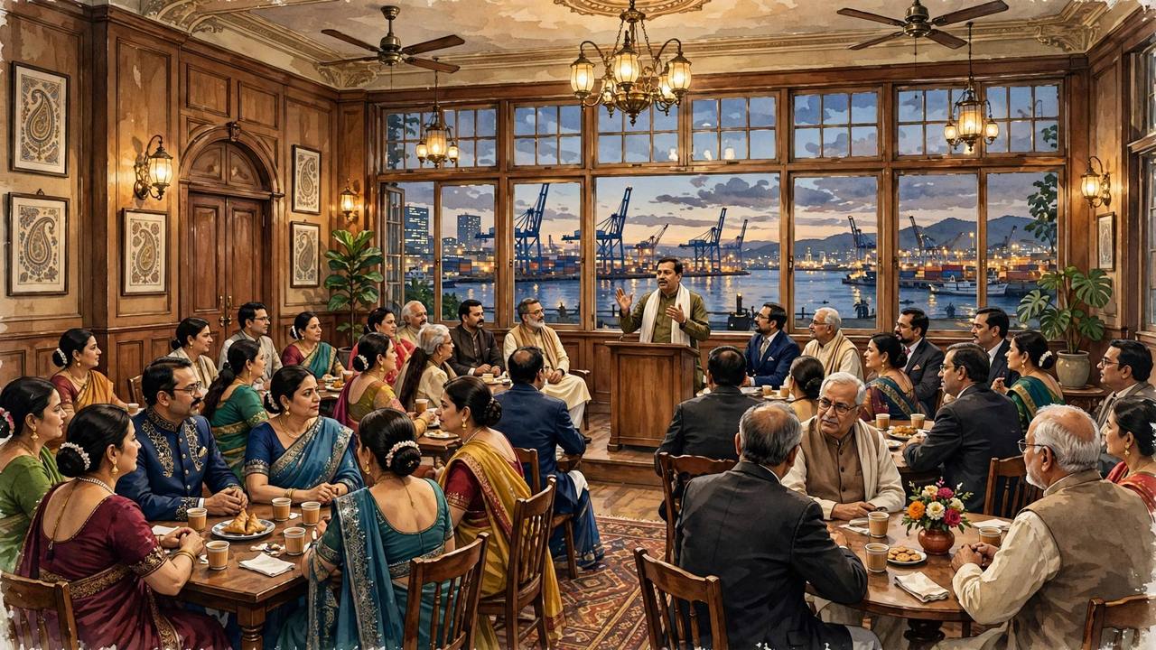 Editorial illustration: an Indian community gathering inside a historic club hall in Kobe, Japan, with the Kobe port visible through the windows