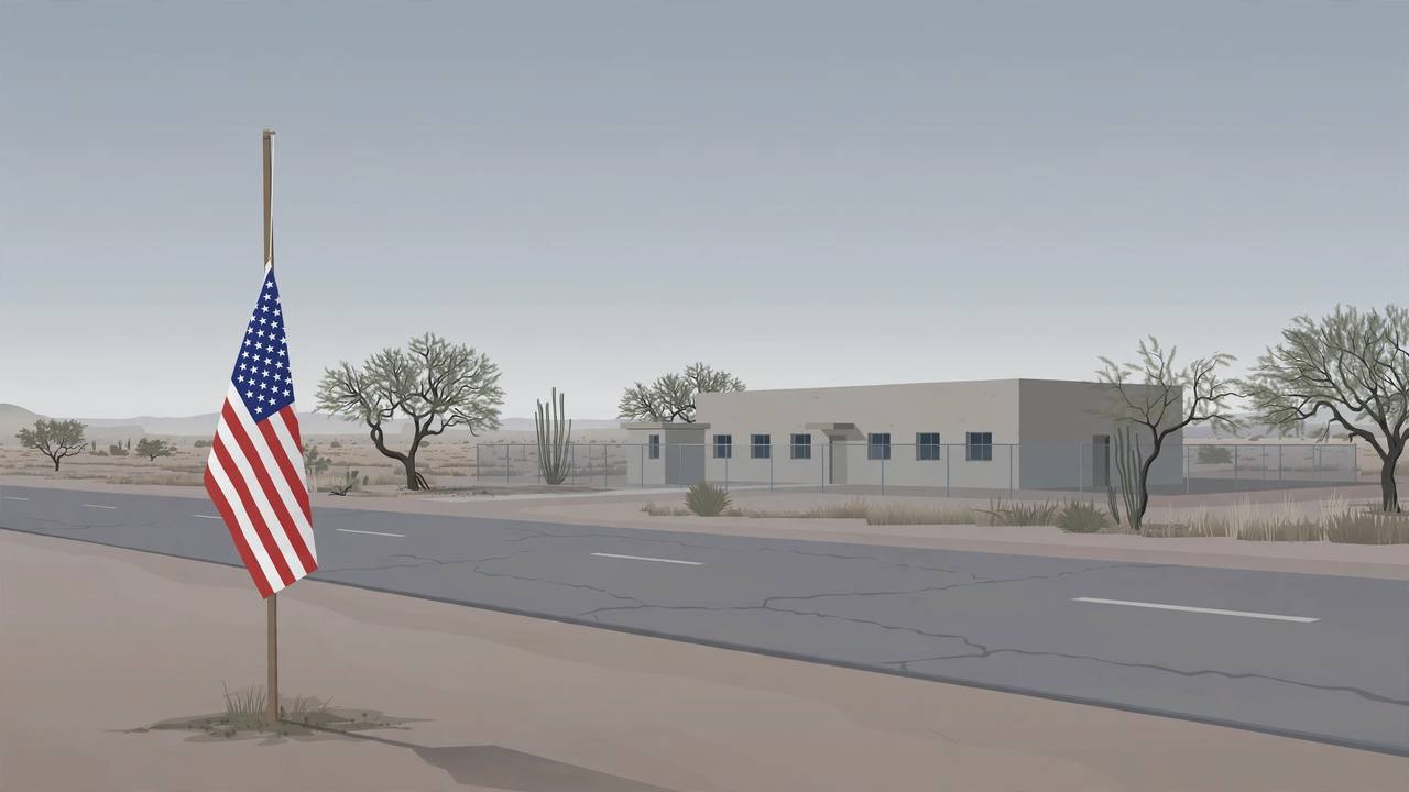 Editorial illustration of a detention facility in south Texas at dawn with a US flag lowered in the foreground