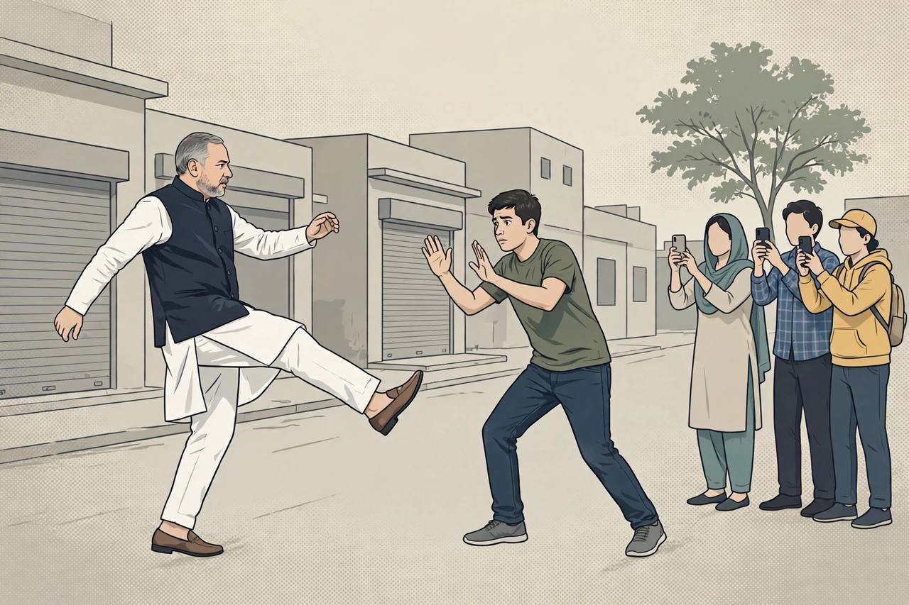 Editorial illustration: a politician in white kurta-pyjama and a dark Nehru jacket kicking toward a young man in a street, while onlookers film the scene on their phones