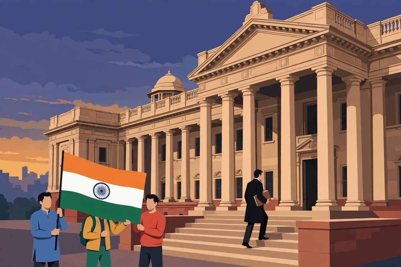 Editorial illustration: generic figures holding the Indian national flag outside a columned courthouse at dusk as a lawyer climbs the steps