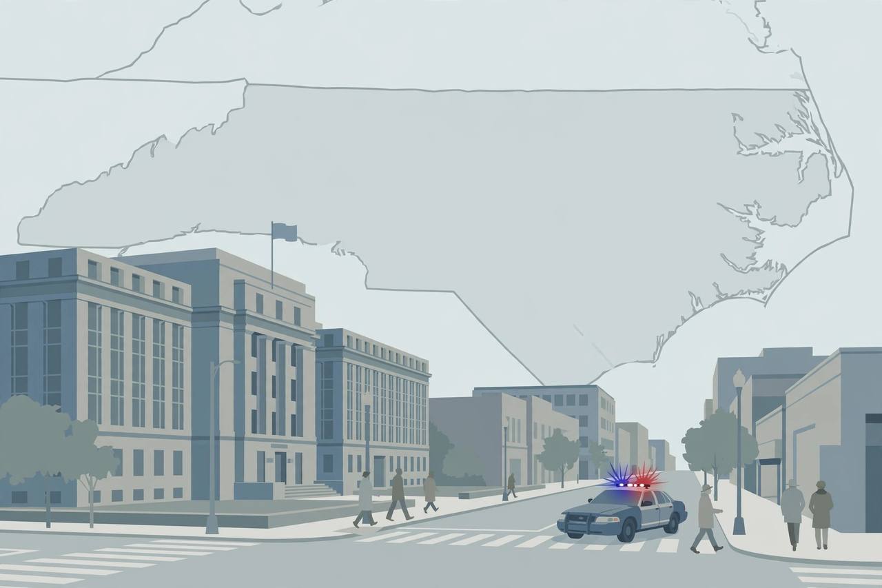 Editorial illustration of a North Carolina map outline with a federal building and a police car on a city street