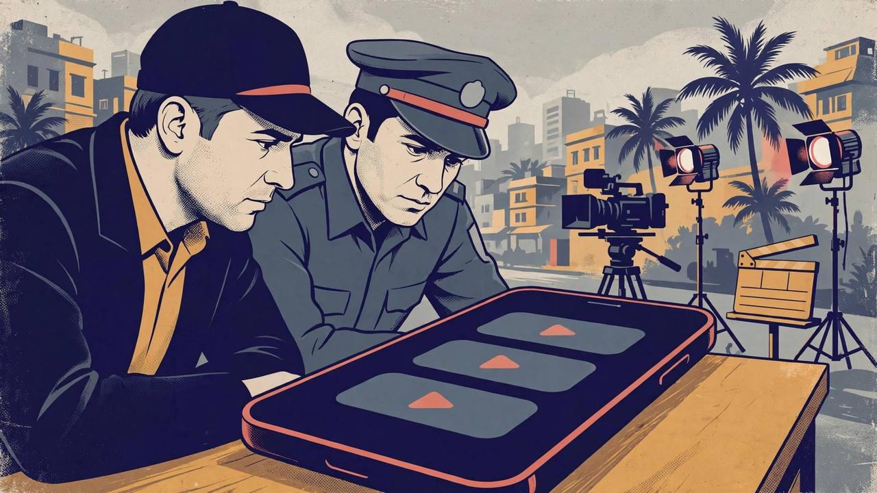 Editorial illustration: police investigators examining a smartphone showing social-media reels, with a film-set street scene in the background