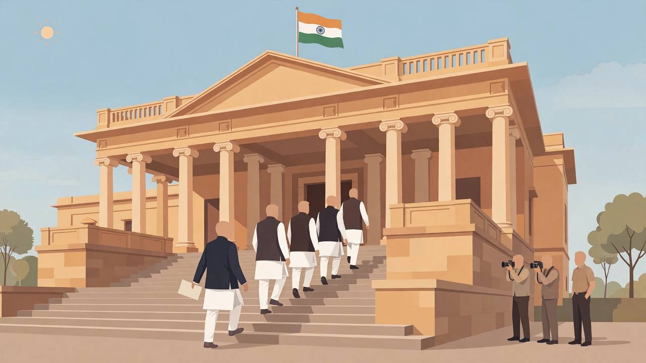Editorial illustration: a delegation of political figures in kurta-pyjama and jackets climbing the steps of a police commissionerate building, one holding a paper memorandum, reporters with cameras nearby