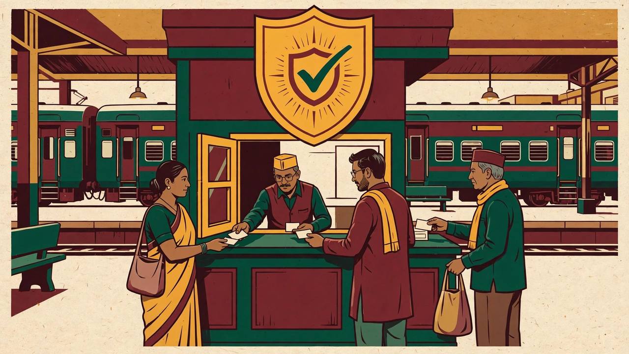 Editorial illustration: passengers buying tickets at a railway reservation counter, a train at the platform behind and a large shield symbol above the counter