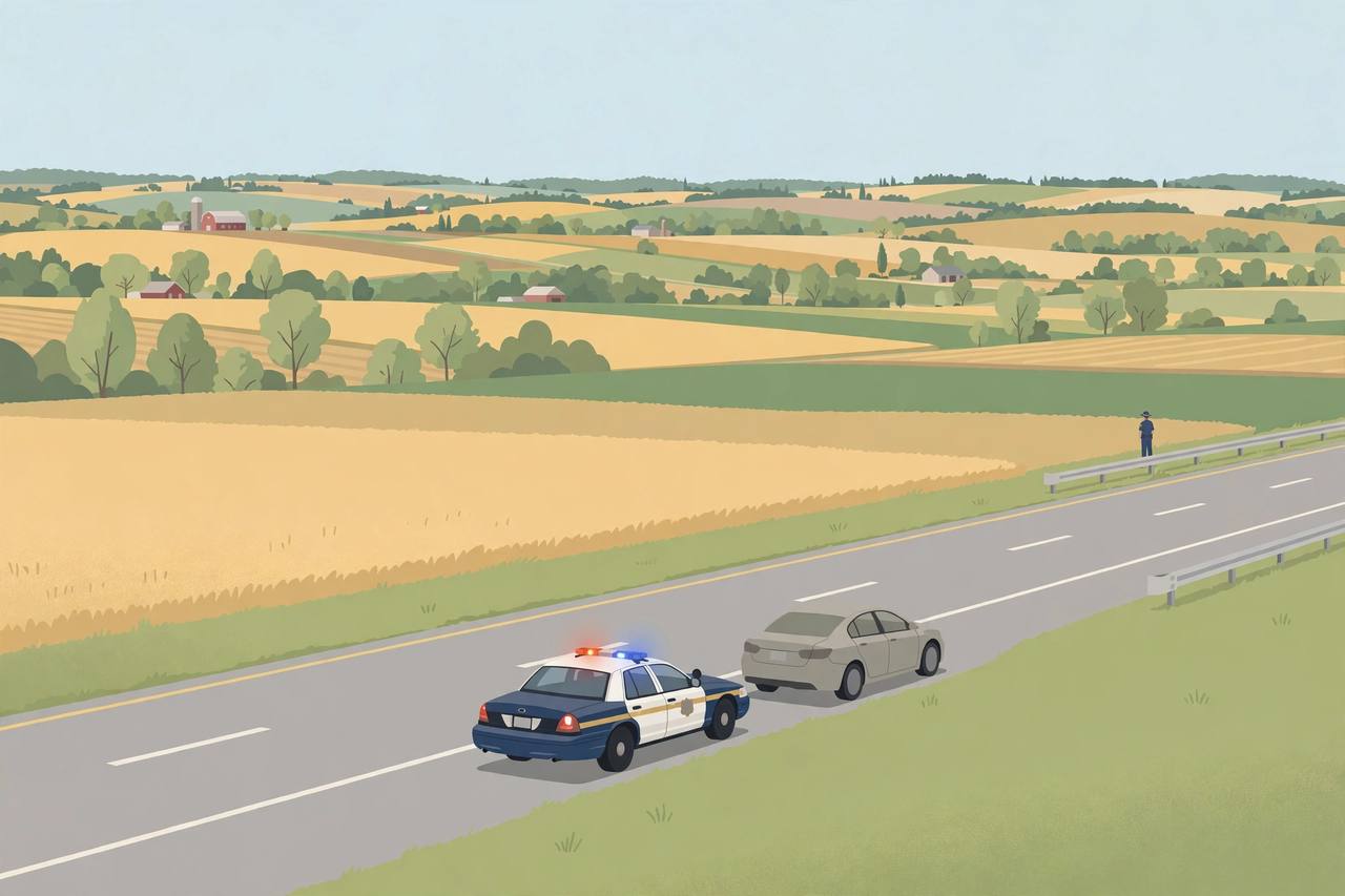 Editorial illustration: a state highway patrol car stopped behind a generic sedan on a rural American interstate — generic figures only, no real person's likeness, no depiction of the shooting