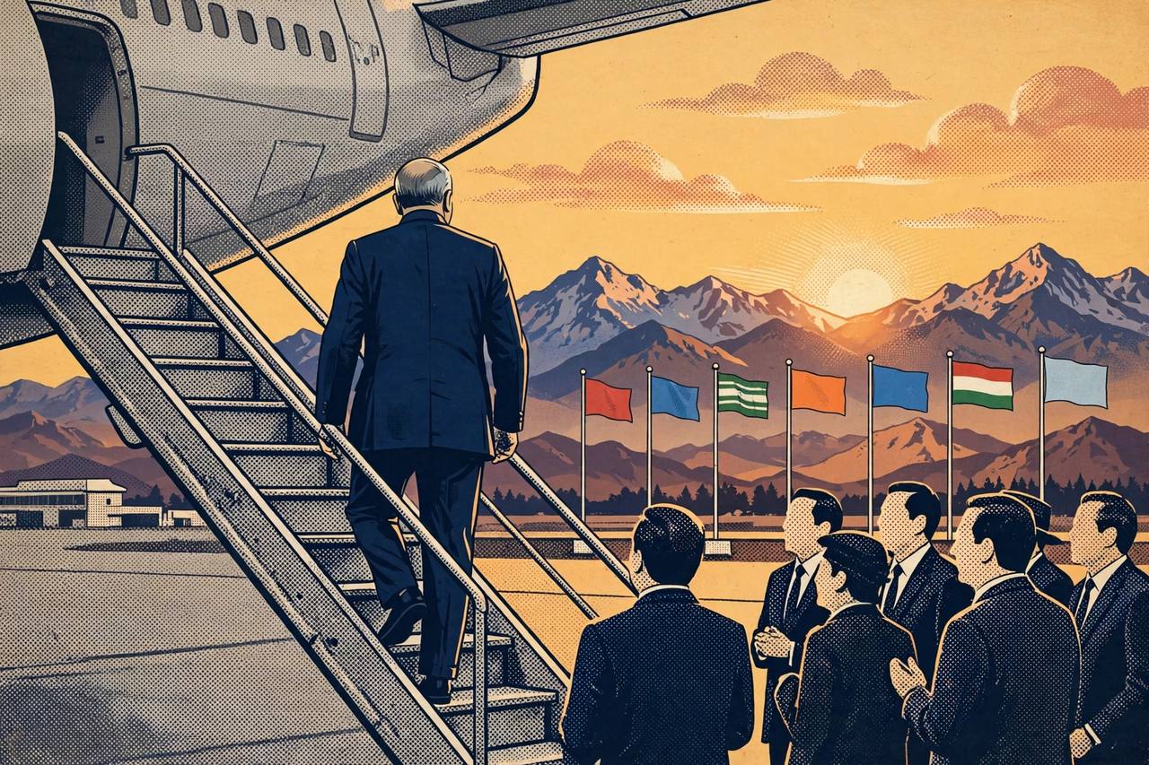 Editorial illustration: a generic senior minister figure seen from behind descending aircraft steps at Dushanbe airport at sunset, mountains and plain coloured flags behind him, delegates waiting