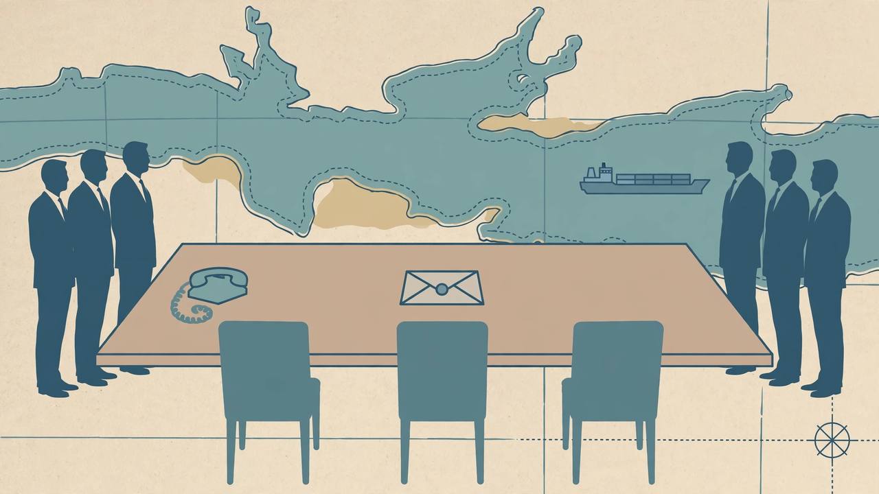 Editorial illustration: a long empty negotiation table with an unopened sealed envelope and a telephone off its cradle, generic diplomats standing apart, a cargo ship in a narrow strait behind them