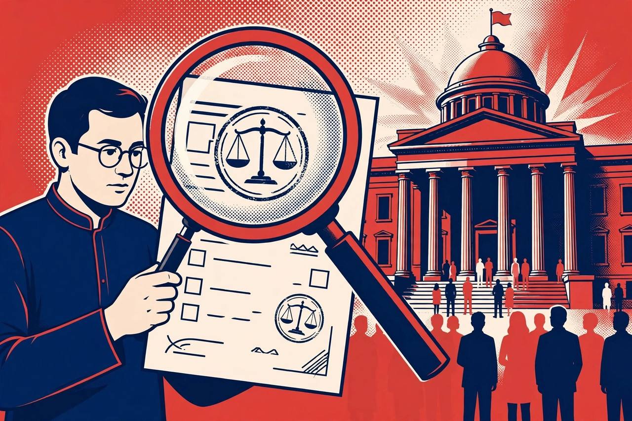 Editorial illustration: a citizen examining an election affidavit through a magnifying glass showing the scales of justice, with the Supreme Court building behind