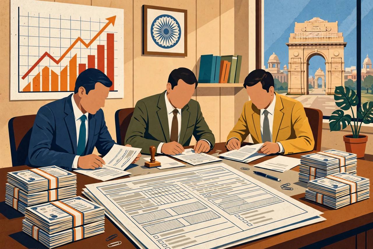 Editorial illustration: government securities, bond documents and a tax exemption form