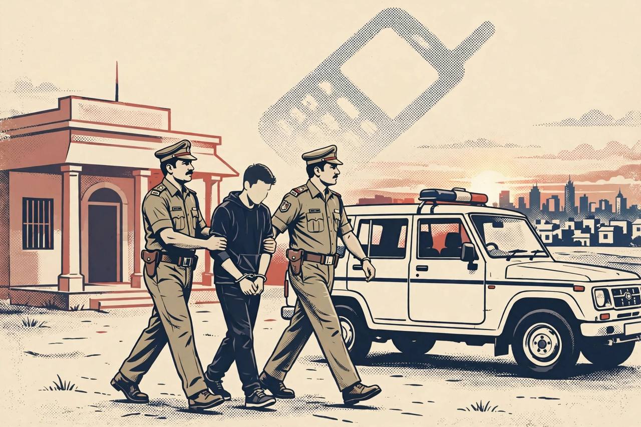 Editorial illustration: two police officers escorting a handcuffed suspect towards a police vehicle outside a police station, a mobile phone looming in the sky behind them