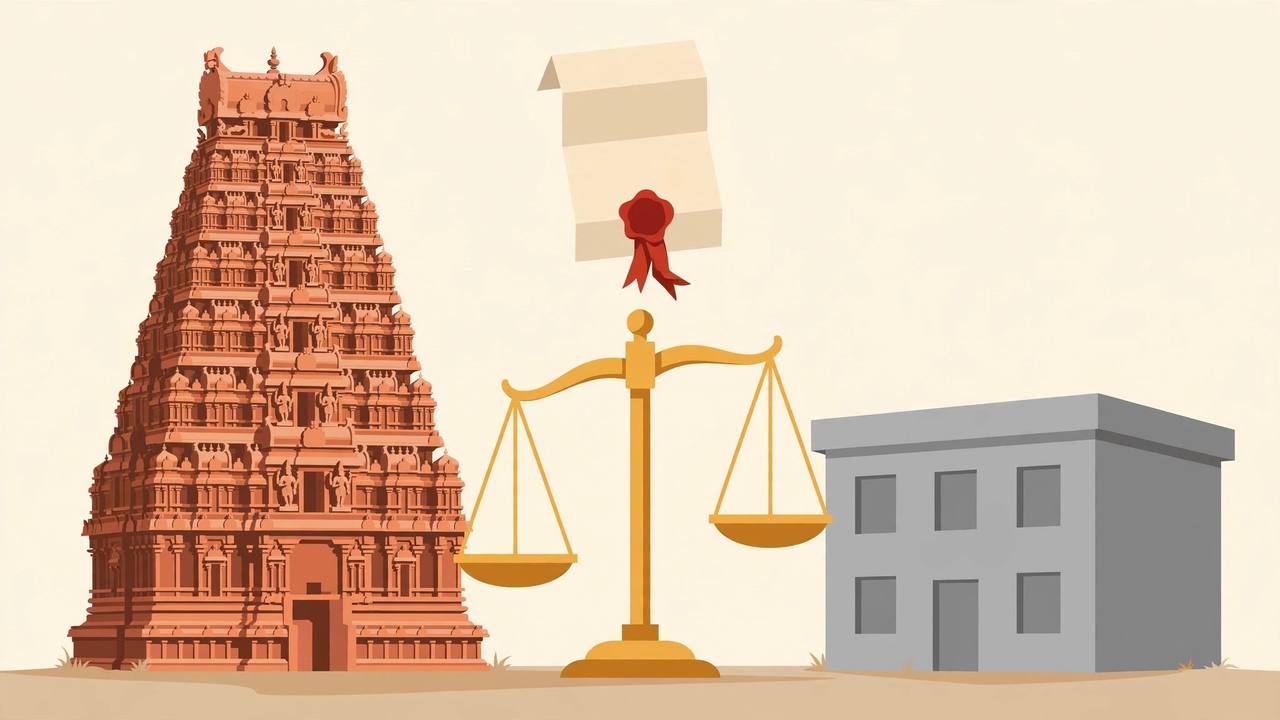 Editorial illustration: a temple gopuram and a government office building with the scales of justice between them and a sealed deed document above
