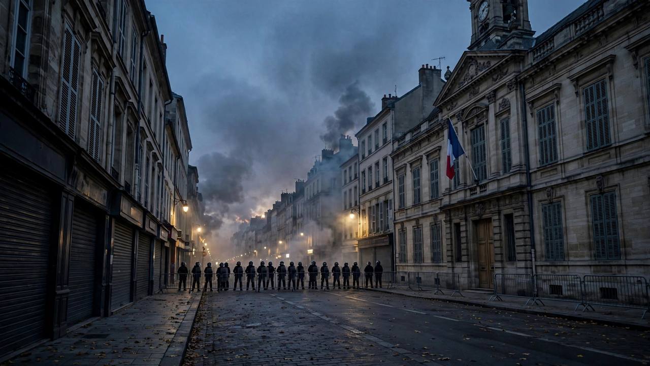 Editorial illustration: a French city street at dusk, police behind barriers, smoke rising in the distance and a town hall flying the French flag