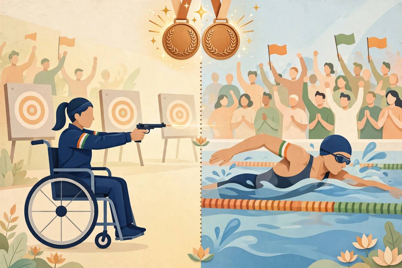Editorial illustration: a para-shooter and a para-swimmer — India's two newest Asian Para Games bronze medallists