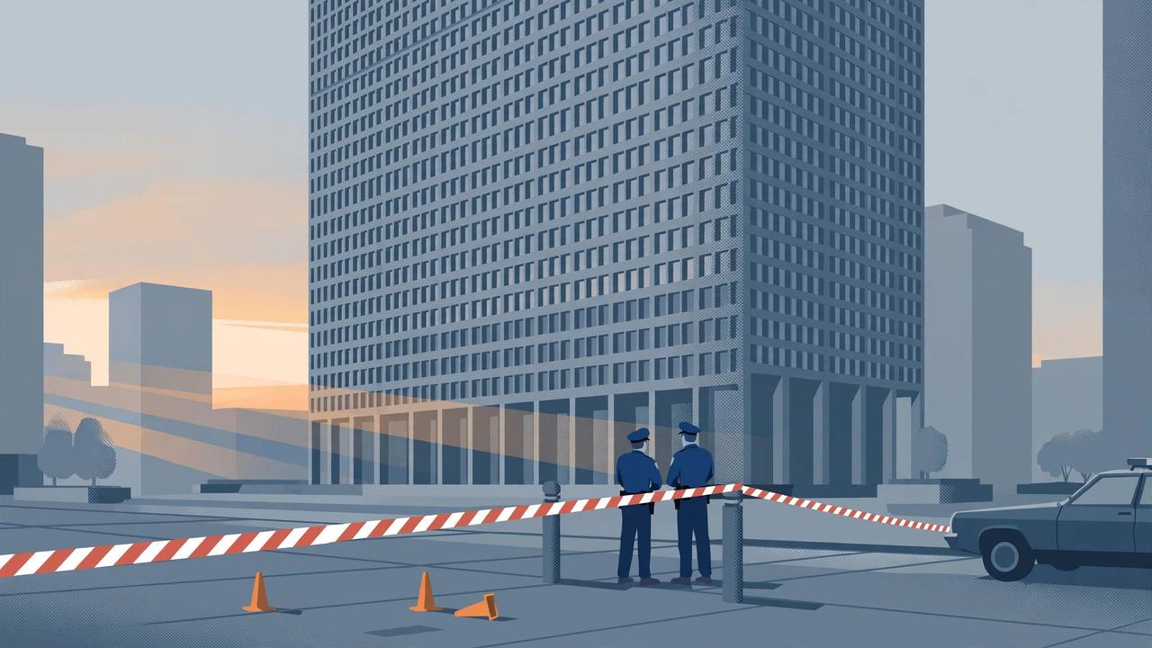 Editorial illustration of a police cordon outside a federal building in downtown Chicago