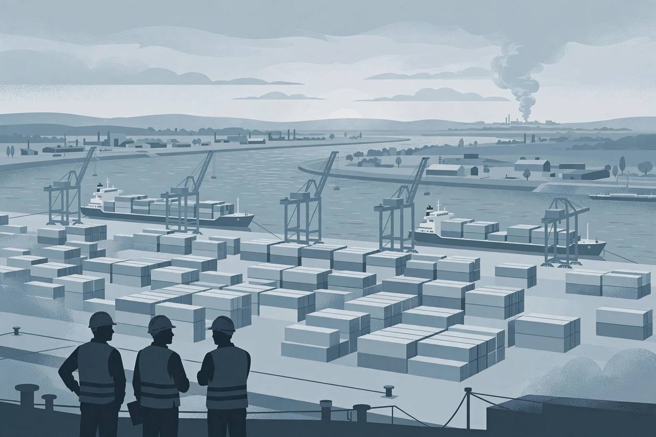 Editorial illustration: cargo ships and cranes at a Danube river port at dawn, with a distant plume of smoke on the horizon