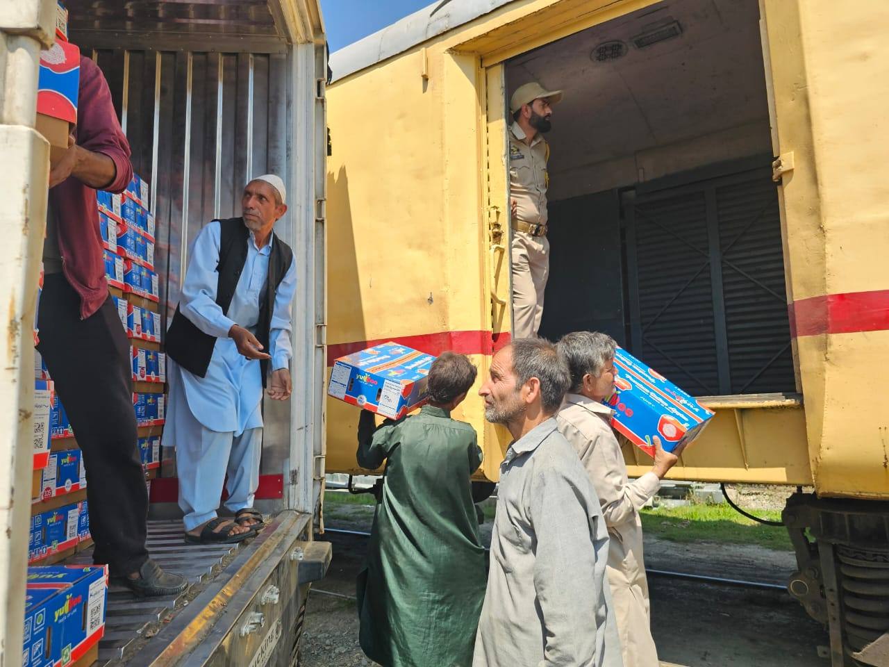 Workers loading boxes of Kashmiri apples into a railway goods wagon (file photo)