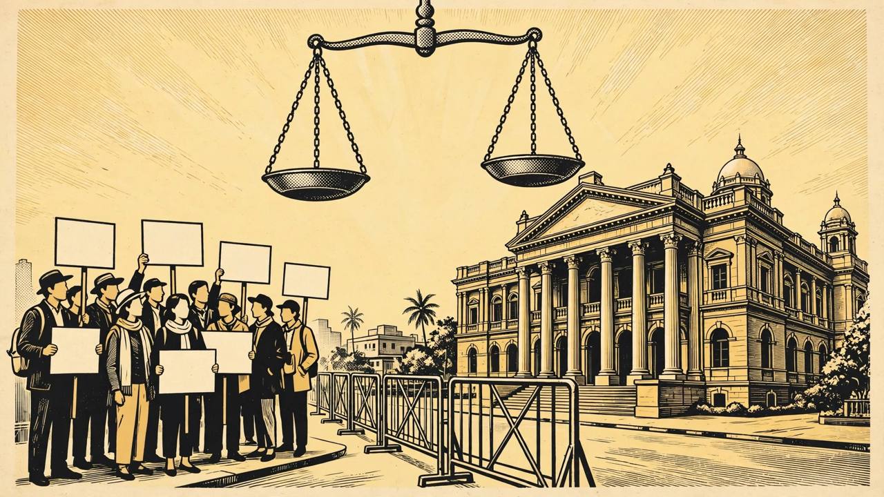 Editorial illustration: a courthouse with peaceful protesters holding placards and a scale of justice in the foreground