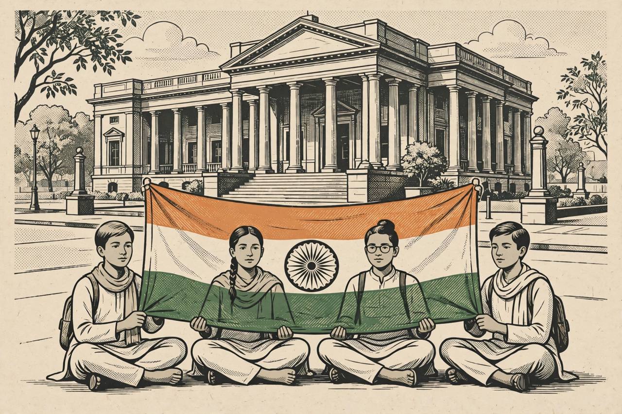 Editorial illustration: peaceful protesters holding an Indian flag near a courthouse, generic figures