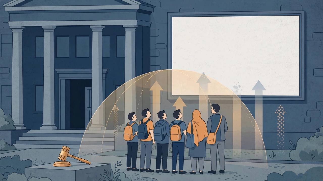 Editorial illustration: students and a family looking up at a large blank fee board outside a columned professional college, protected by a translucent shield as rising arrows fade behind it, with a judge's gavel in the foreground