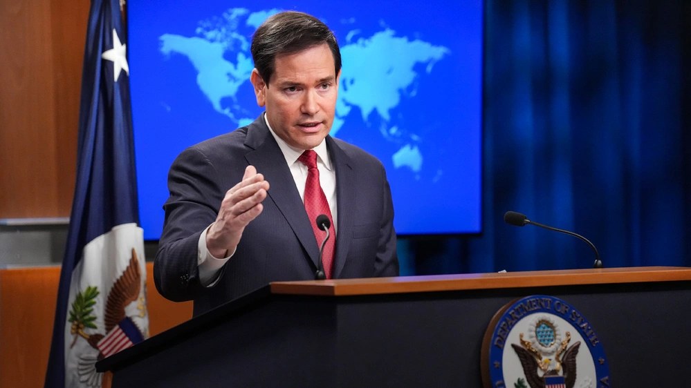 US Secretary of State Marco Rubio speaking at a US State Department press briefing podium (file photo)