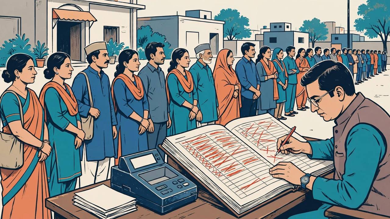 Editorial illustration: voters queue at a polling booth while an election official checks an electoral roll register with names crossed out in red, an EVM on the desk