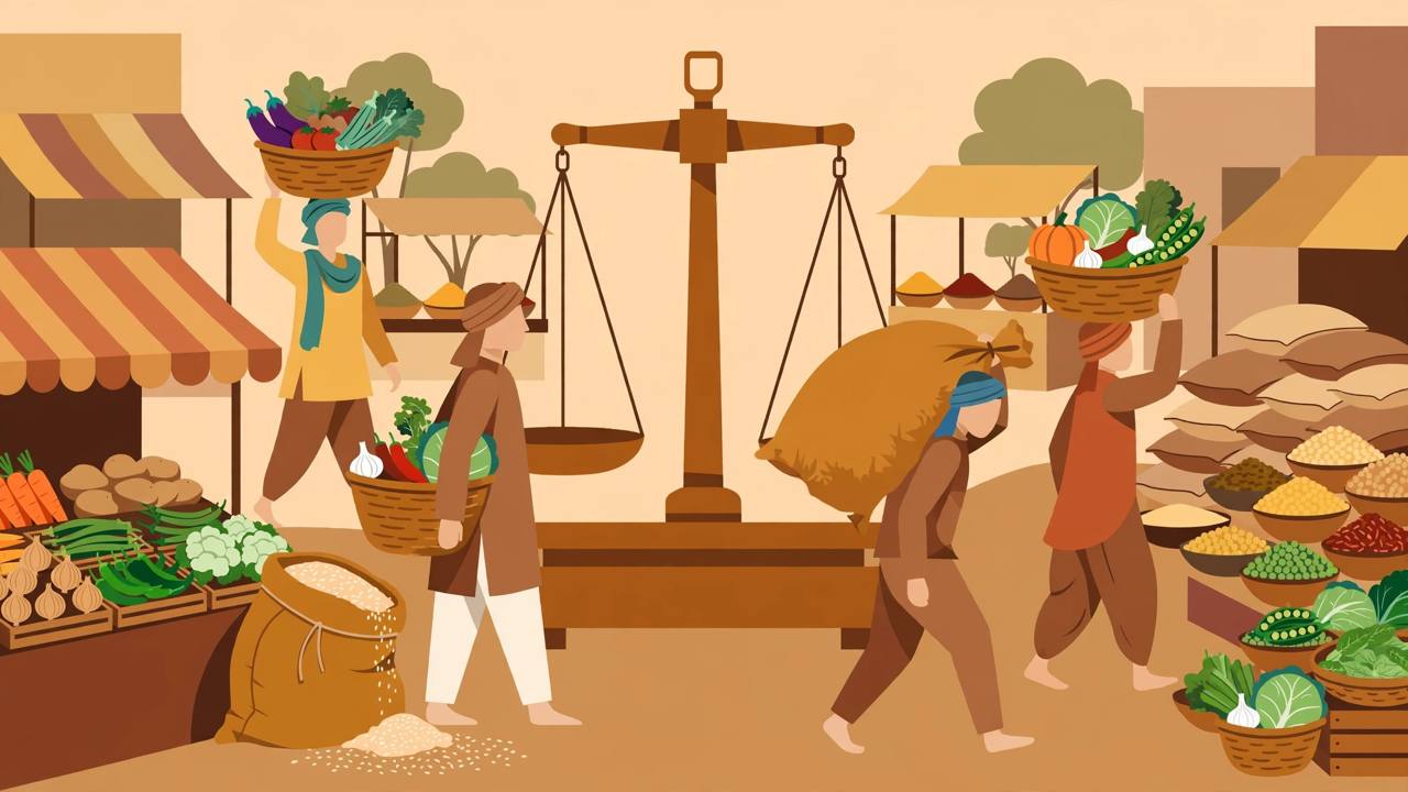 Editorial illustration: workers carry baskets of vegetables and sacks of grain past a large balance scale at an Indian food market