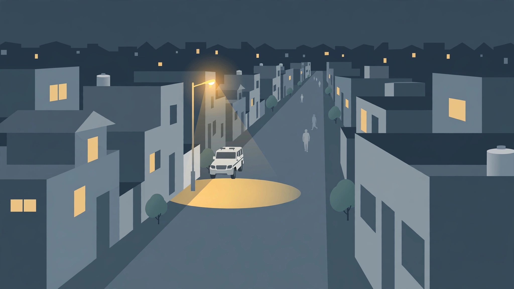 Editorial illustration: a quiet Delhi residential lane at night with a police vehicle under streetlights