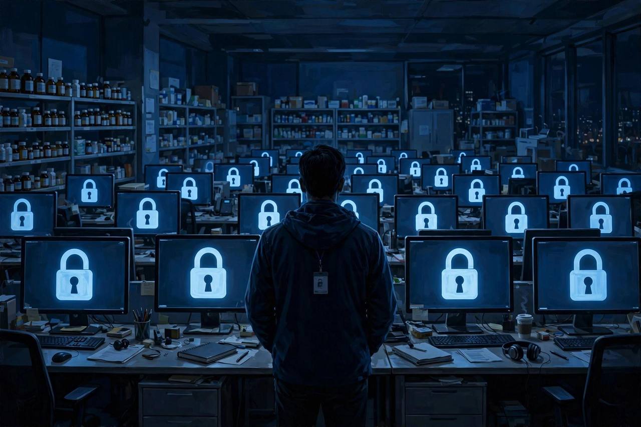 Editorial illustration: a pharmaceutical office at night, rows of computer screens glowing with padlock warnings, an IT officer's silhouette standing before them