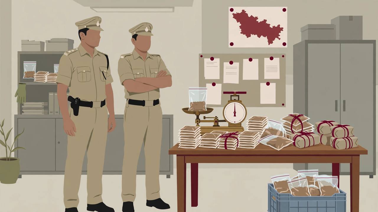 Editorial illustration of police officers with seized narcotics packets at a Mumbai Crime Branch office