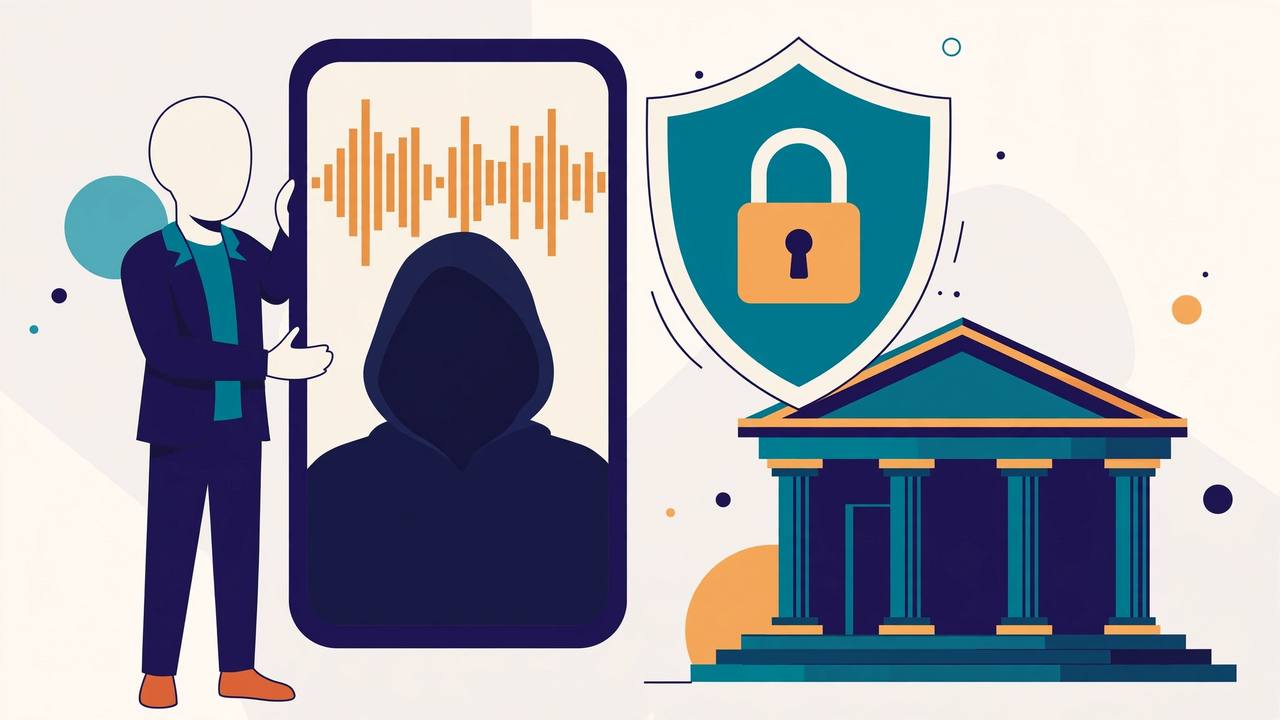Editorial illustration: a bank customer receives a fake AI voice-cloning call on a smartphone, with a shield and padlock symbolising protection from deepfake fraud