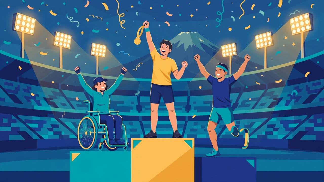 Editorial illustration: three para athletes celebrating on a stadium podium — one a wheelchair user, one with a prosthetic running blade, one holding a gold medal high