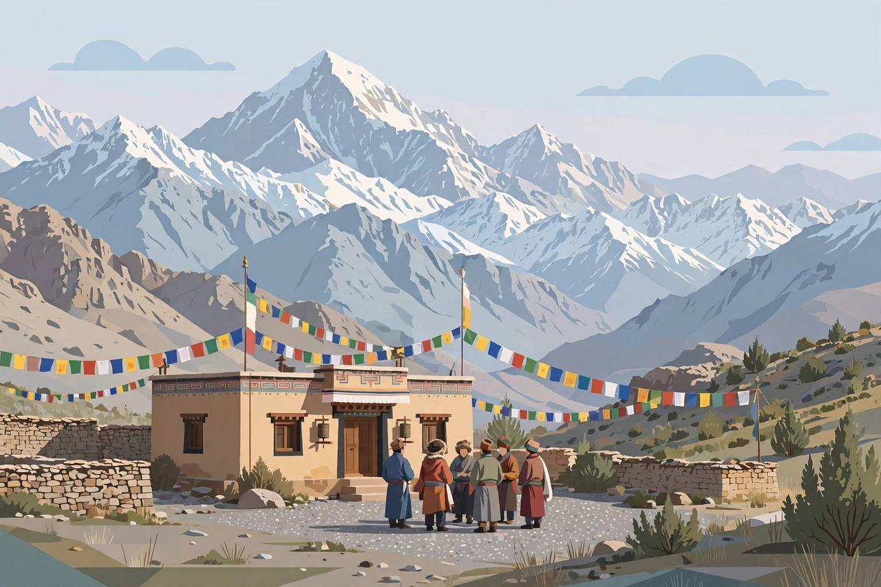 Editorial illustration: a Ladakh Himalayan landscape with generic local people gathered outside a hill council building