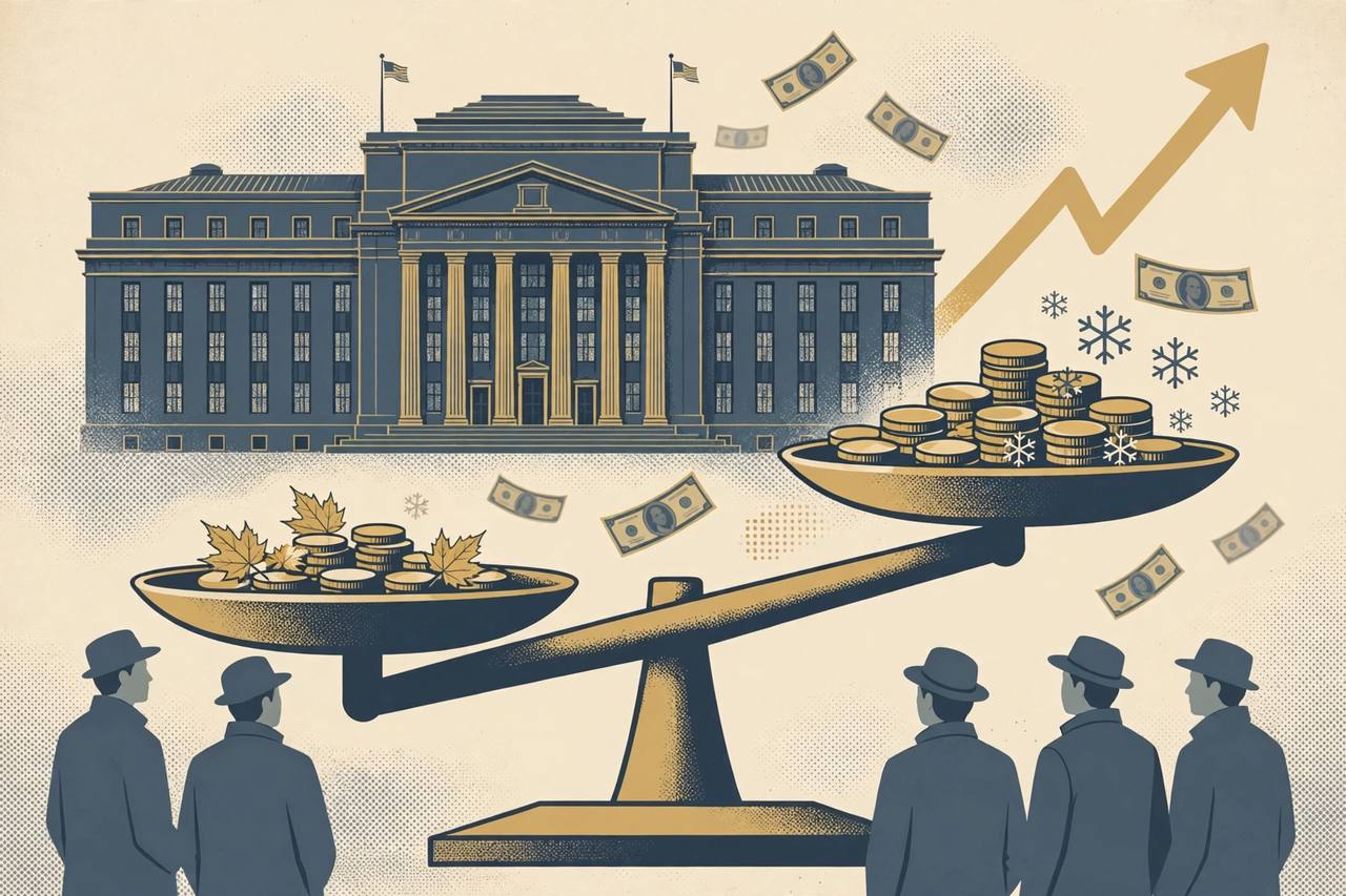 Editorial illustration: the Federal Reserve building with a balance scale — steady in October, rising in December — generic figures only, no real person's likeness