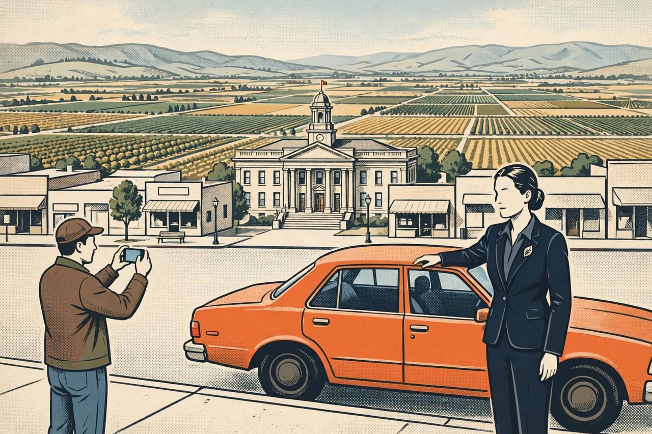 Editorial illustration: a small Central Valley town hall and an orange sedan on a main street, generic figures only — no real person's likeness