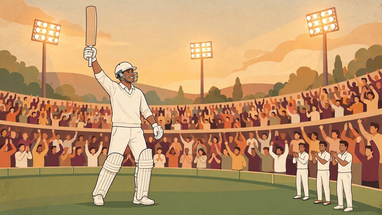 Editorial illustration: a batter in white cricket kit raising his bat to acknowledge the cheering crowd at a stadium under floodlights